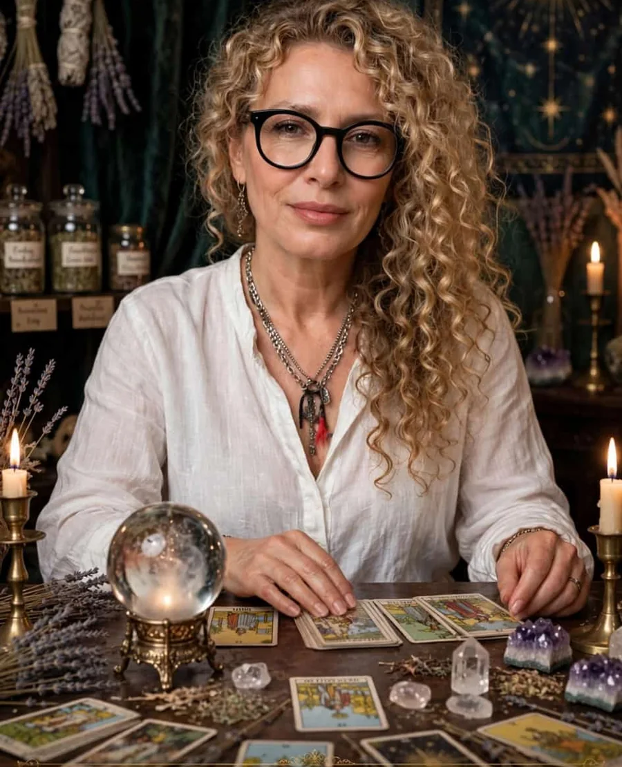 Consuelo ante su mesa de trabajo, con cartas de tarot extendidas, una bola de cristal, cuarzos, lavanda y velas encendidas